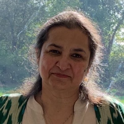  A headshot of Pakistani journalist and writer Nasim Zehra smiling slightly, with a green and white patterned shawl over a light-colored top.
