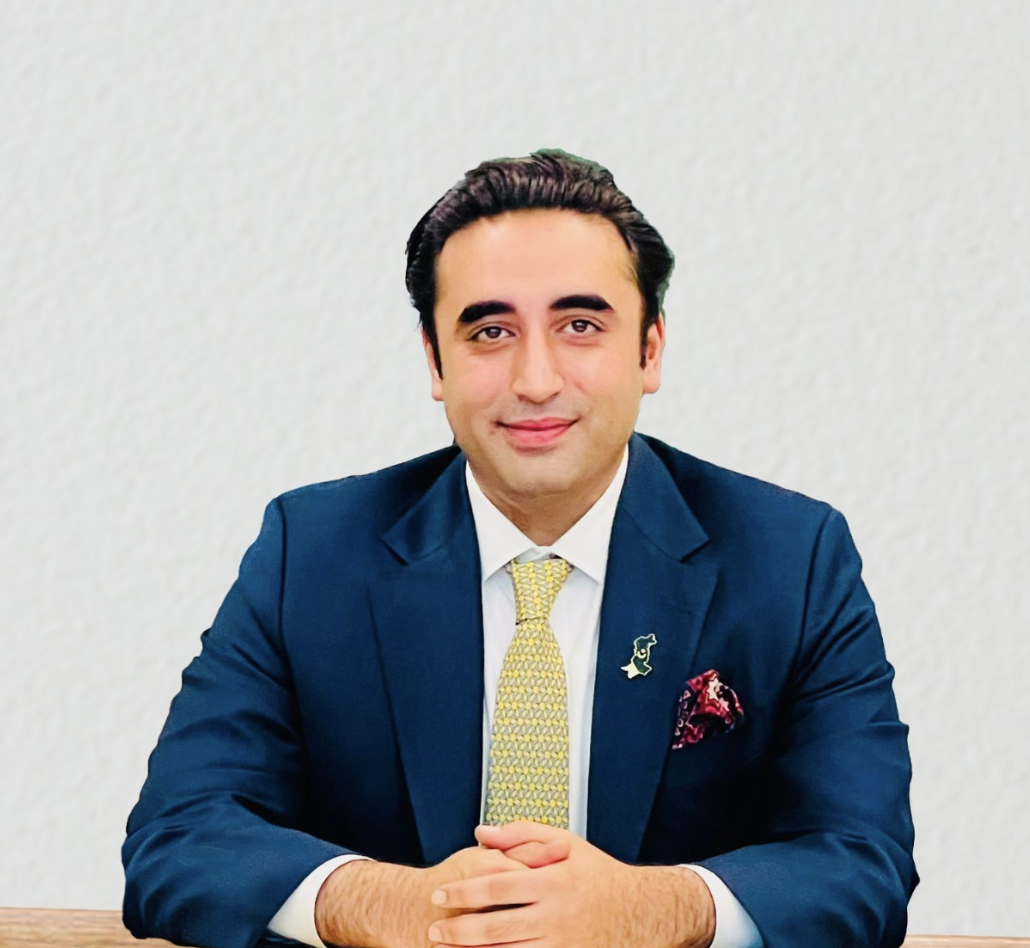 Bilawal Bhutto Zardari seated confidently in a navy blue suit