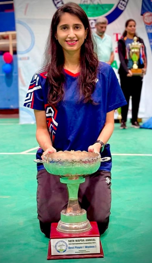 Mahoor Shahzad sitting with her trophy, Pakistani badminton player and national champion