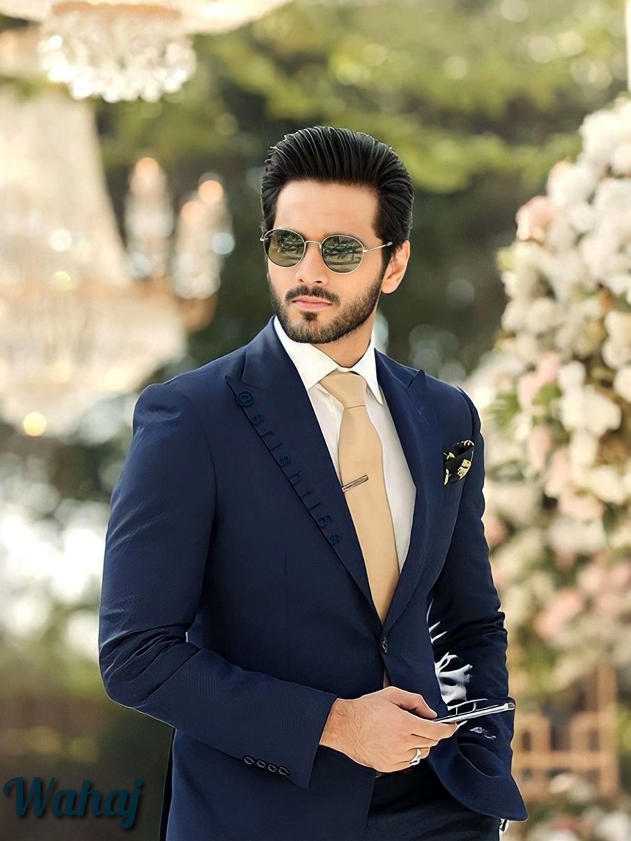 Wahaj Ali stylish picture in a formal navy-blue suit