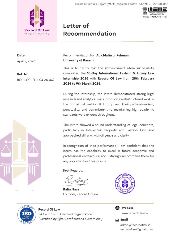 Certificate of Internship, 2026: International Special 2-Week Legal Internship Program, Record Of Law — Adv. Matin-ur-Rehman