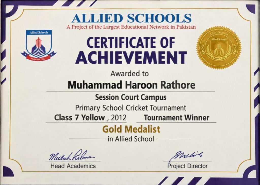 Certificate of Excellence in Cricket, Best Cricketer (January 2021): Superior College Gujranwala — Muhammad Haroon Rathore