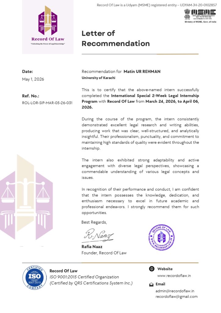 Certificate of Internship, 2026: 10-Day International Fashion & Luxury Law Internship, Record Of Law — Adv. Matin-ur-Rehman