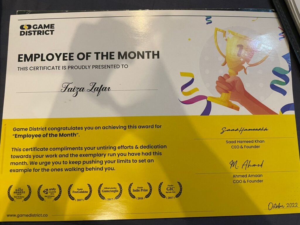 Employee of the Month (October 2022) — Faiza Zafar 